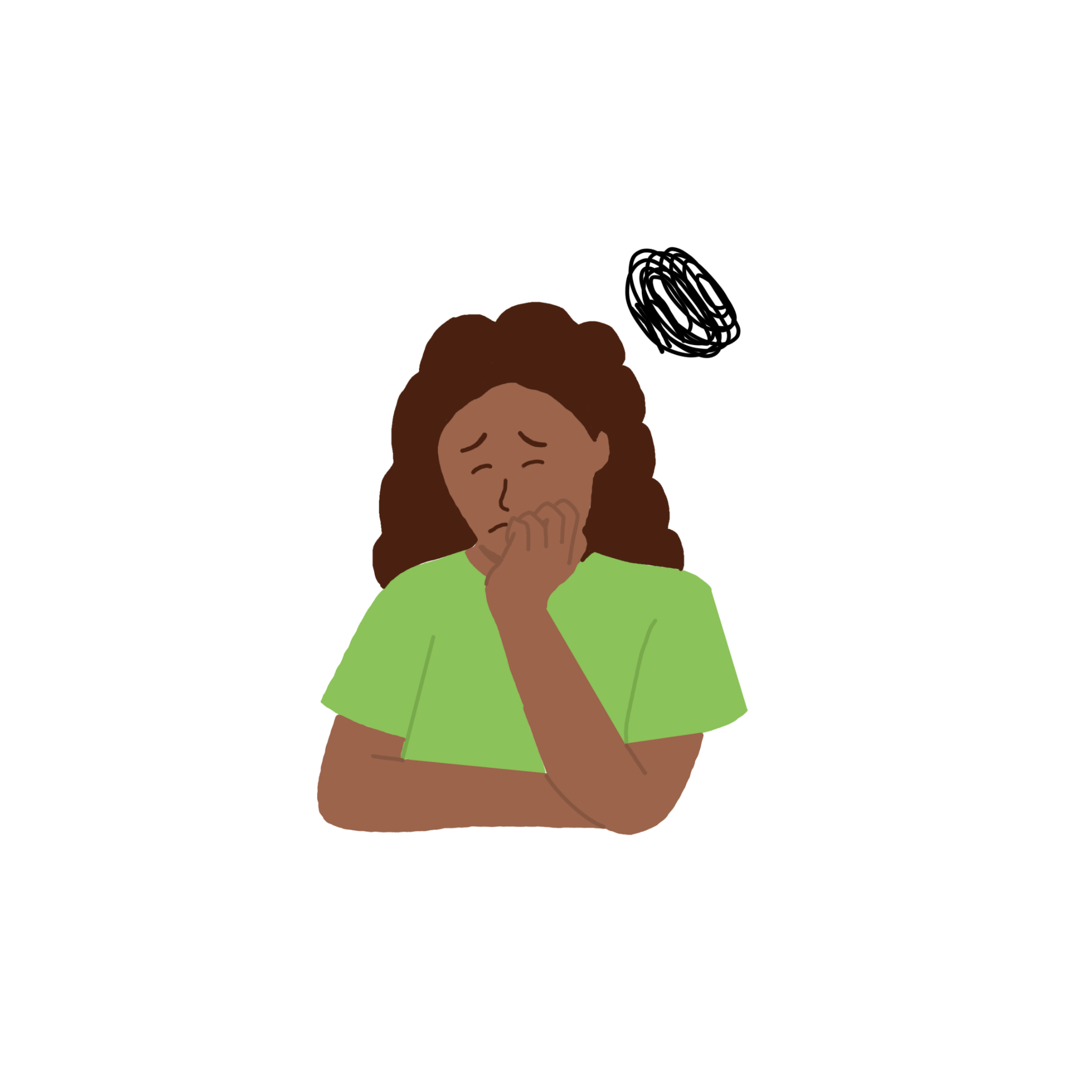 an illustration of a girl in a green shirt with a worried expression. One hand is placed under her chin and the other is holding the elbow.